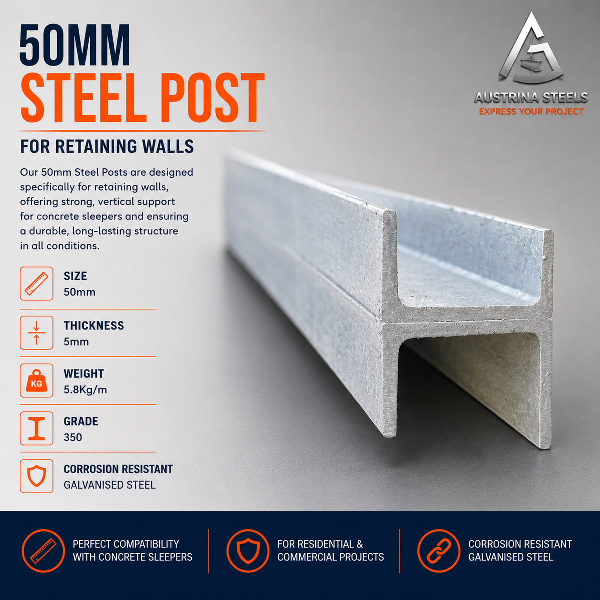 50mm H Steel Post for Retaining wall